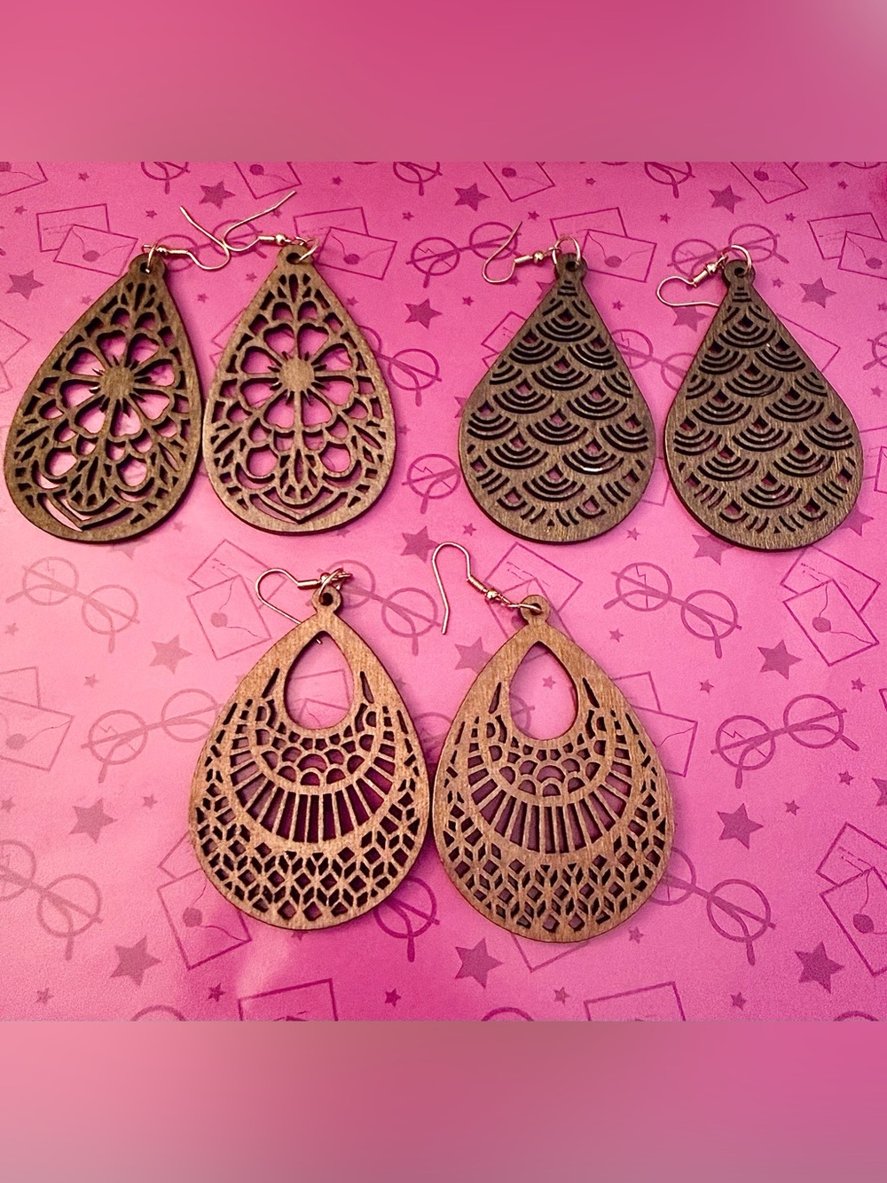 Large Brown Wooden Laser-Cut earrings Set of 3